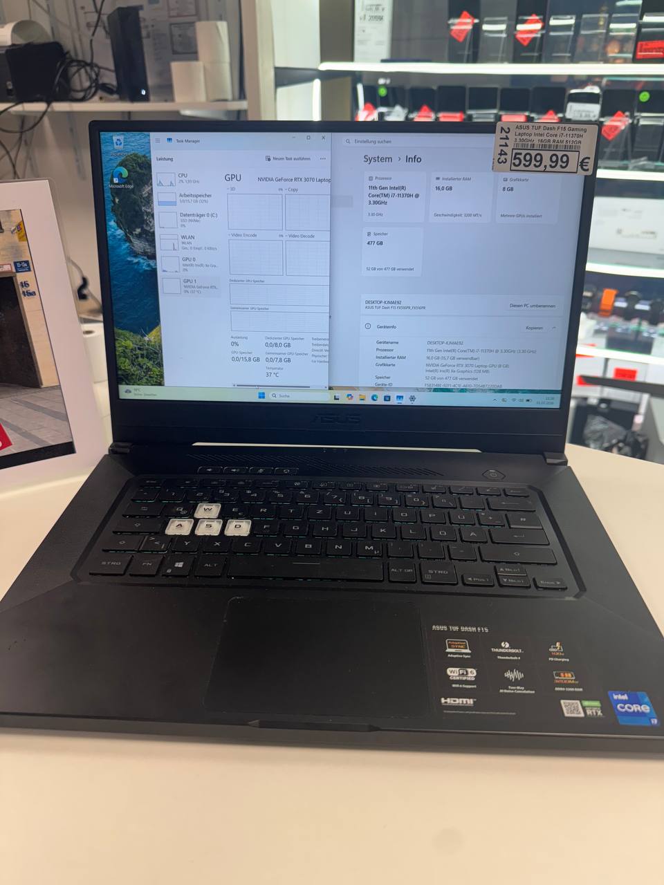 ASUS TUF Dash F15 Gaming Laptop Intel Core i7