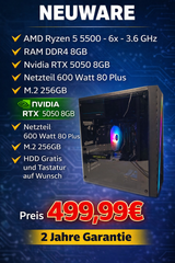 Gaming PC04 AMD Ryzen 5 5500 - 6 x 3.6 GHz T4.2GHz | RTX 5050 8GB | 8GB RAM | NEU 2 Jahre Garantie 32GB RTX 5060 8GB Tastatur + HDD