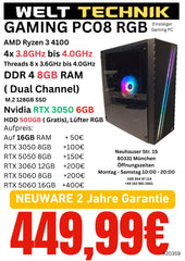 Gaming PC08 AMD Ryzen 3 4100
- 4x 3.8GHz bis 4.0GHz | RTX 3050 6GB | 8GB RAM | NEU 2 Jahre Garantie