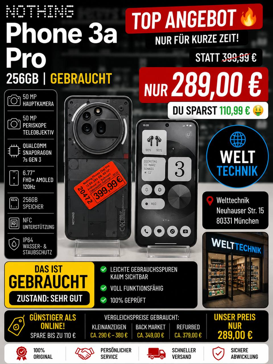 NOTHING Phone 3a Pro- Produktdetails Prozessor: Qualcomm Snapdragon 7s Gen 3