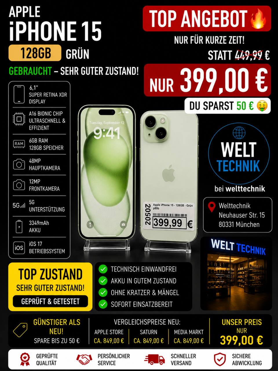 Apple iPhone 15 128GB Grün