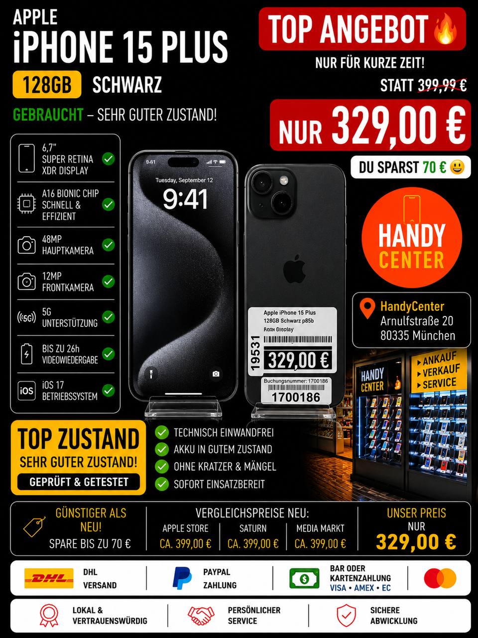 Apple iPhone 15 Plus 128GB Schwarz