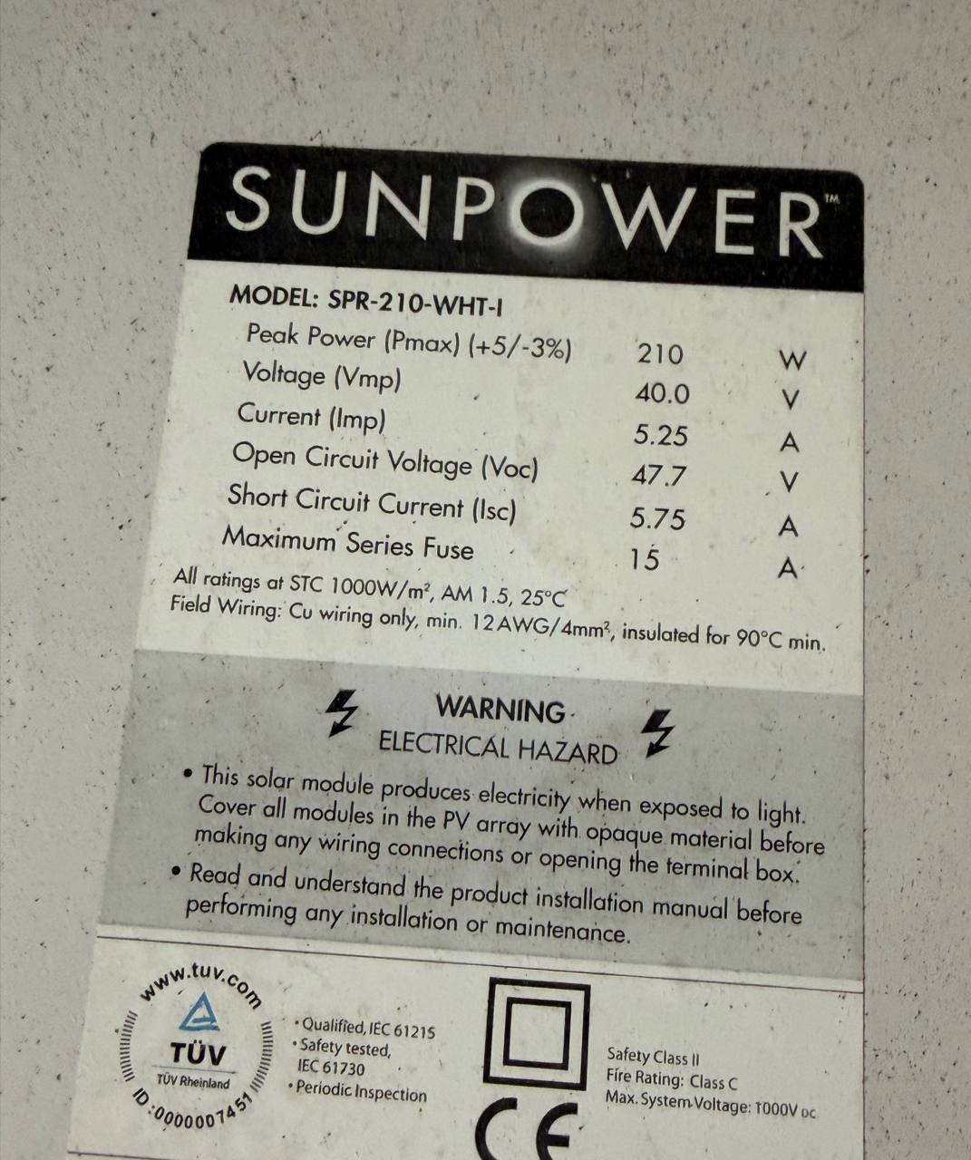 Sunpower Solarmodul SPR-210-WHT-I
