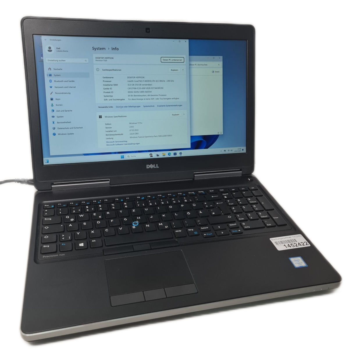 Dell Precision 7520 15,6 Zoll Intel I7-6920HQ 8x2,9GHz 32GB RAM GPU Intel HD 530 15,9GB Win11Pro
